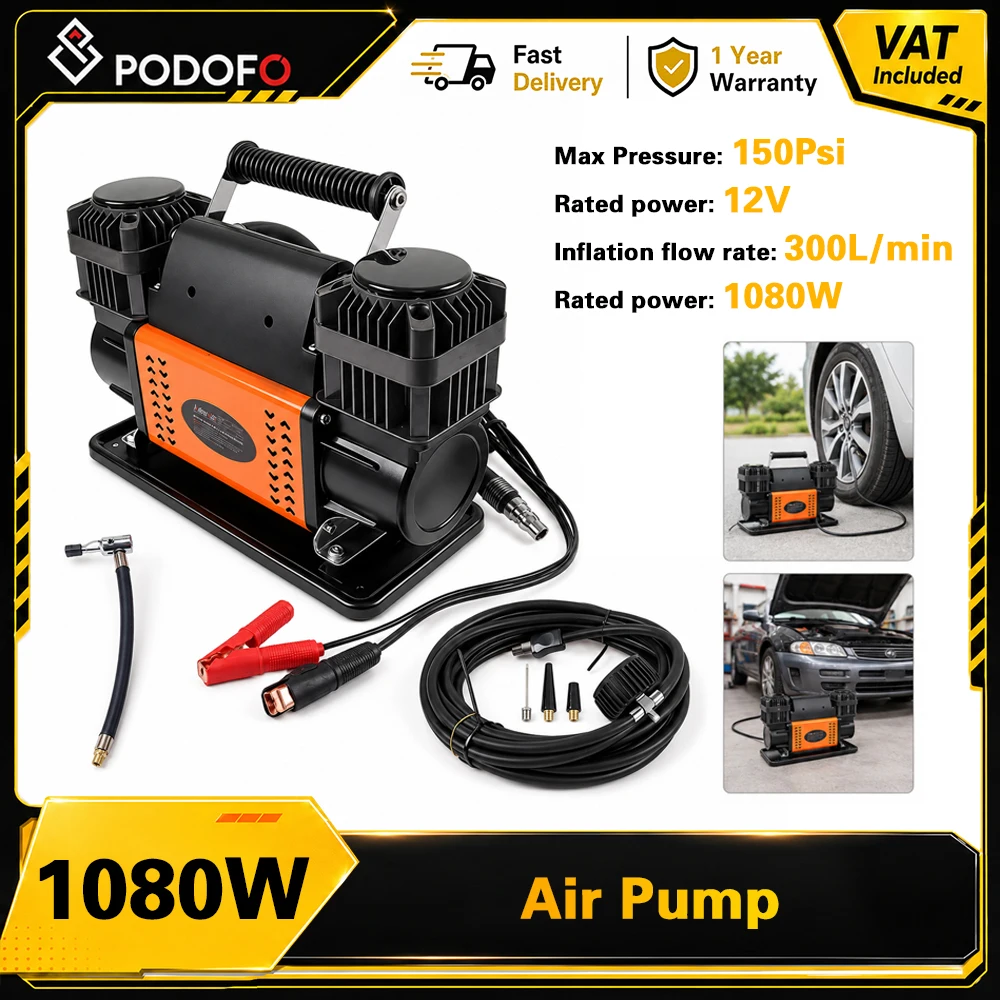 Pompe à air portable haute pression Podofo, double cylindre, gonfleur de pneus de voiture, gonflage rapide en 30 secondes, protection thermique automatique, pour voiture, SUV, camion, camping-car, moto, vélo, bateau gonflable, jouets