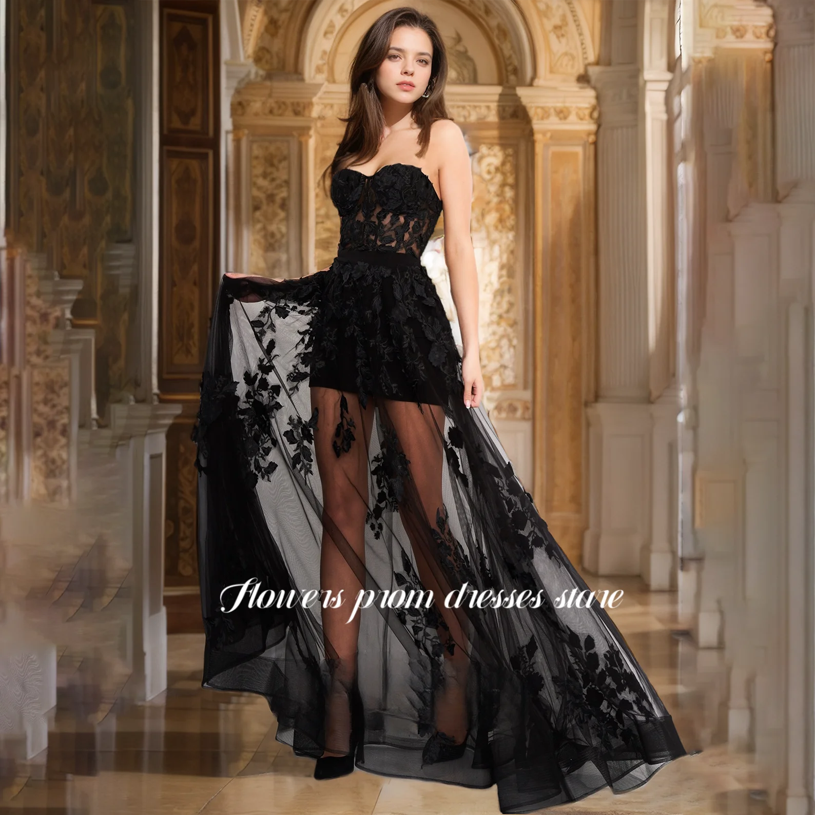 

Flowers Prom Dress Short Party Dress Cocktail Evening Dresses with Lace Illusion Prom Dresses Strapless Homecoming Dress Custom