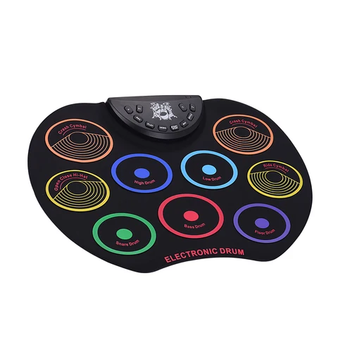 Imagen 2 del producto Juego de batería enrollable de tamaño compacto, kit de batería electrónica, 9 almohadillas de silicona, alimentado por USB/batería con baquetas y pedales para niños