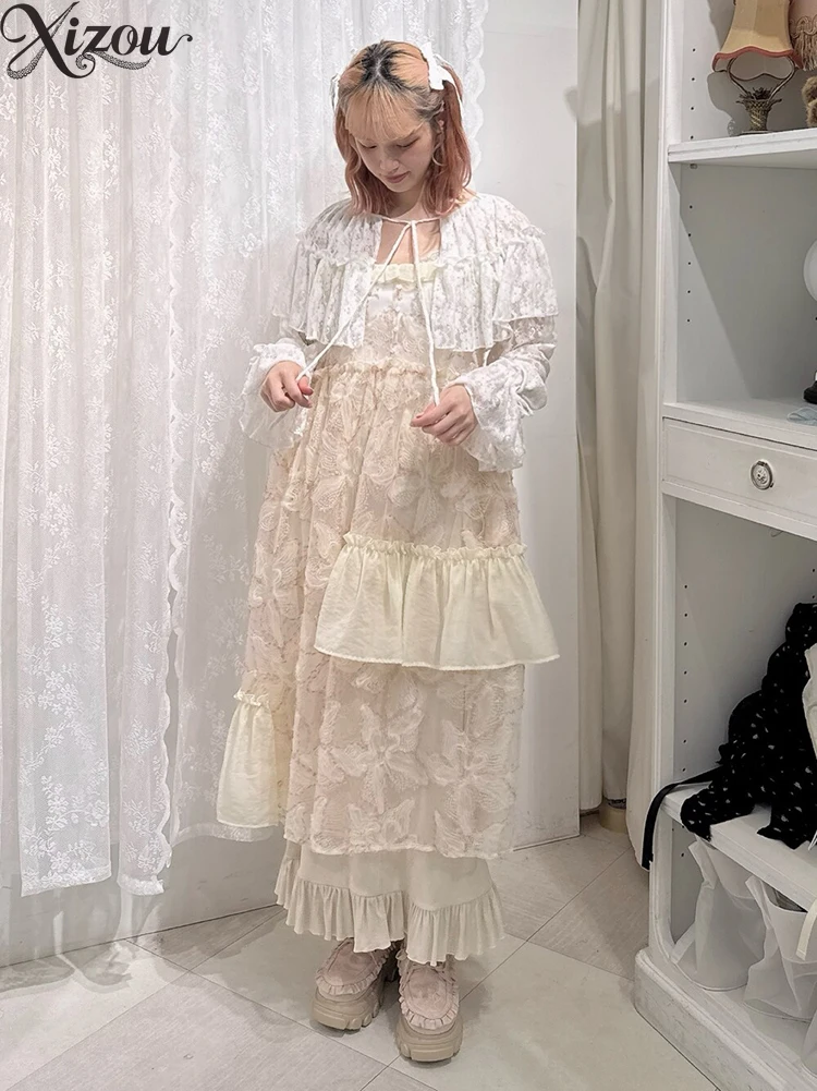 فستان فتاة حلوة زهرة كشكش شير بلا أكمام حزام طويل JSK لوليتا فساتين فضفاضة 2025 الخريف اليابانية الدانتيل الجنية سيدة رقيقة #5
