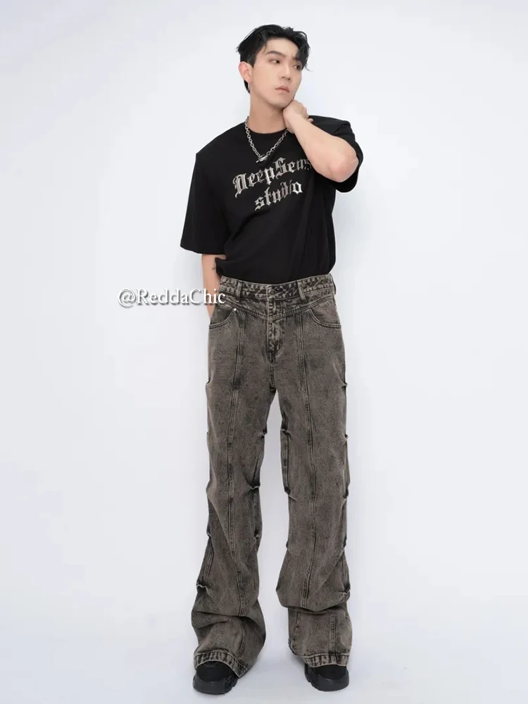 REDDACHIC Distressted Shirring Men Flare Jeans Retro Y2k Ruched Pants Bootcut Wide Leg Stacked Trousers High Street Punk Clothes