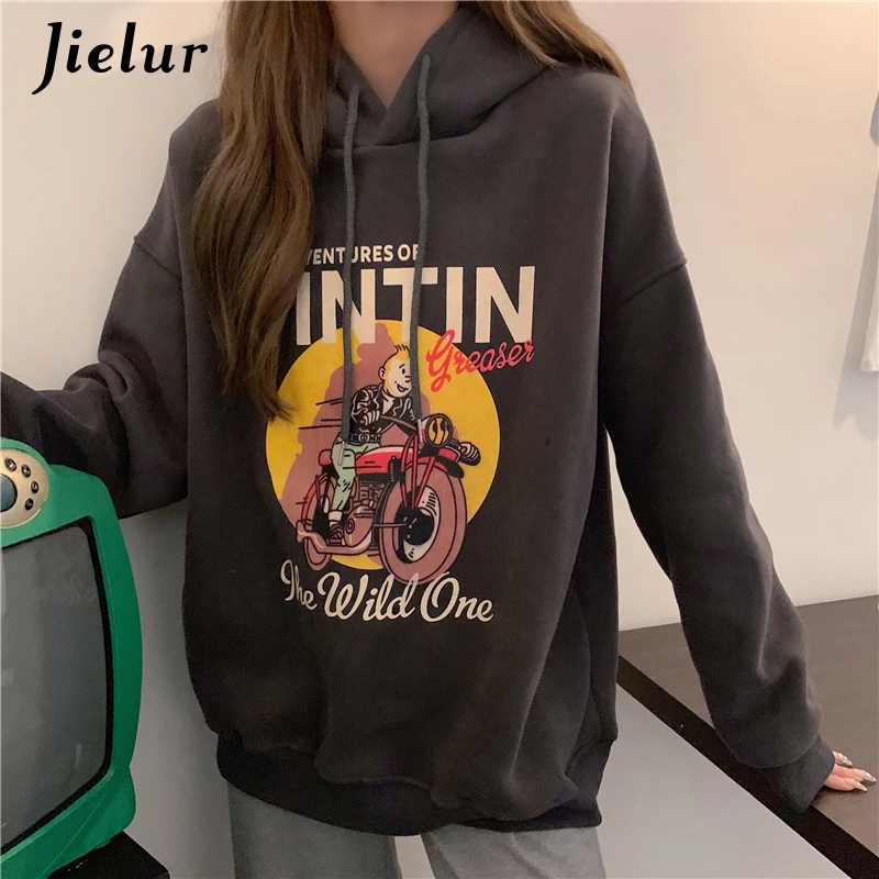 New Winter Harajuku Fleece Hoodies Female Cute Cartoon Print Women's Sweatshirt Fashion Loose Dark Gray Hooded Pullovers M-XL