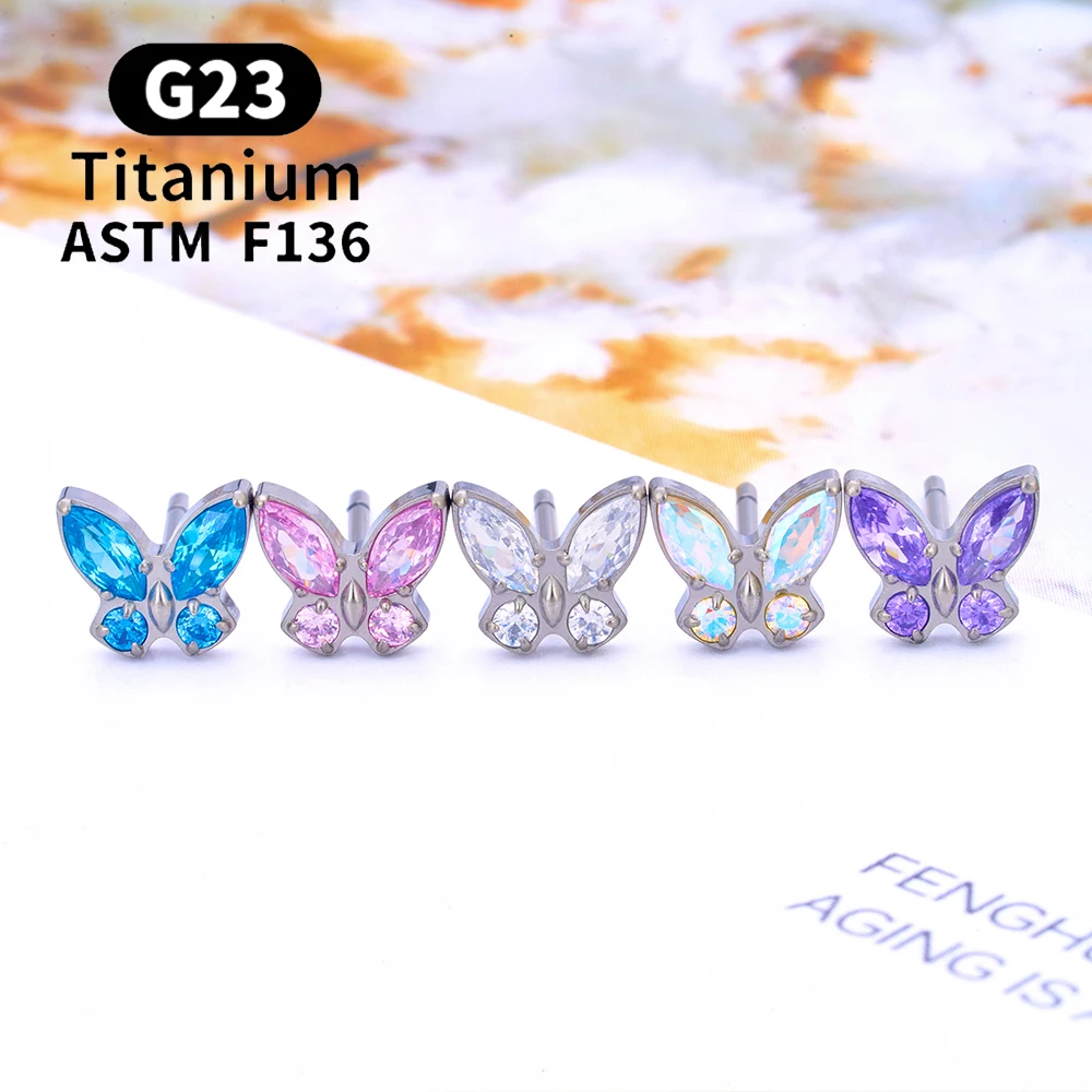 2PCS ASTM F136 G23 Titanium Piercing Butterfly Ear Studs 20G Zircon Tragus Cartilage Pierc Studs Earrings Woman Body Jewelry