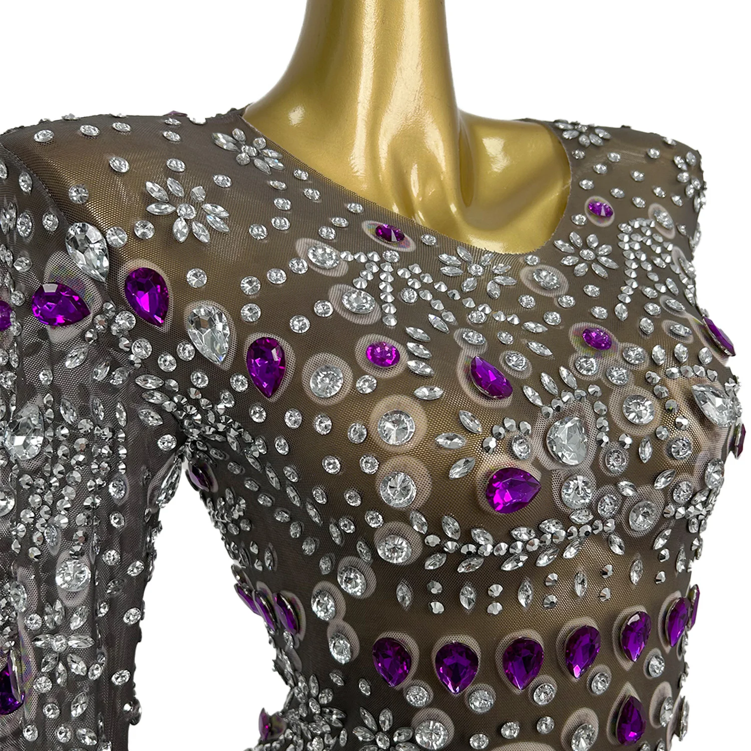 

Black See through Mesh Mini Dress Purple Sparkly Crystals for Women Sexy Tight Fitting Party Evening Bar Celebrate Dress Weimei