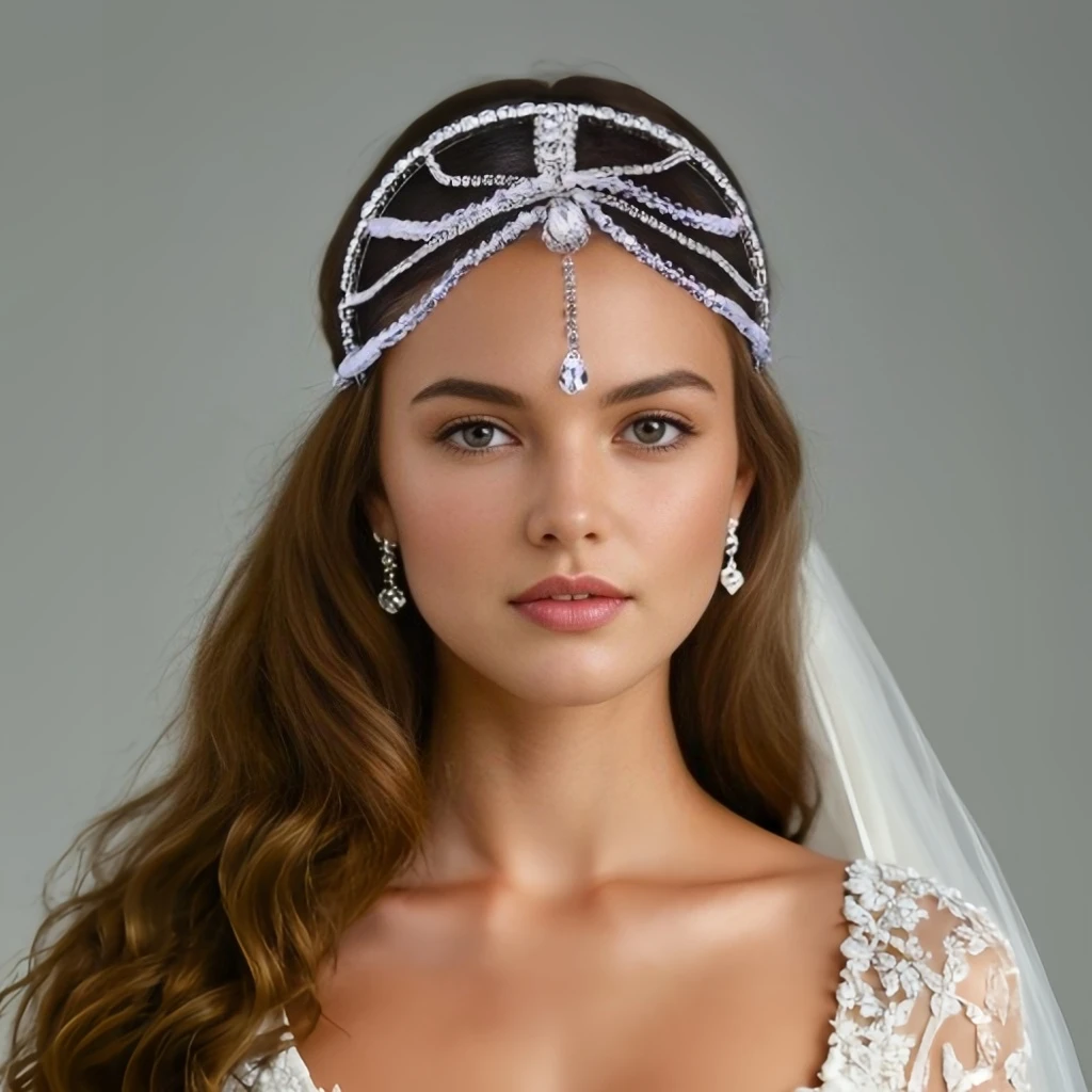 Fascia per capelli da sposa con strass sulla fronte, catena di cristallo da sposa, accessori per capelli da sposa, copricapo da sposa, diadema da spettacolo HP665