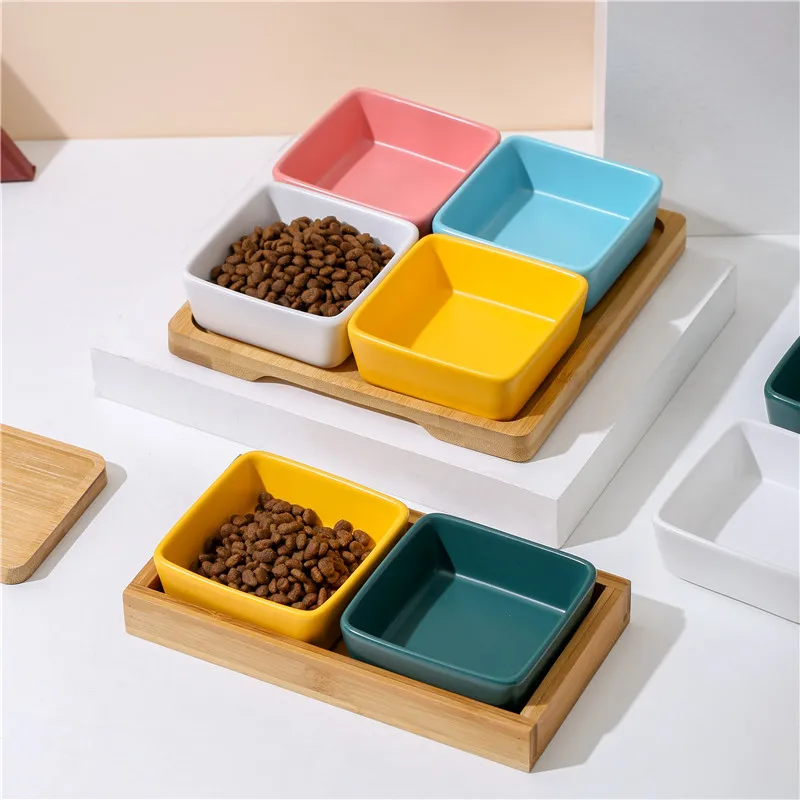 Cat Puppy Square Ceramic Bowl With Wood Stand And Dish Sturdy Durable Small Pet Feeder Multiple Color Accessories Supplies #p030