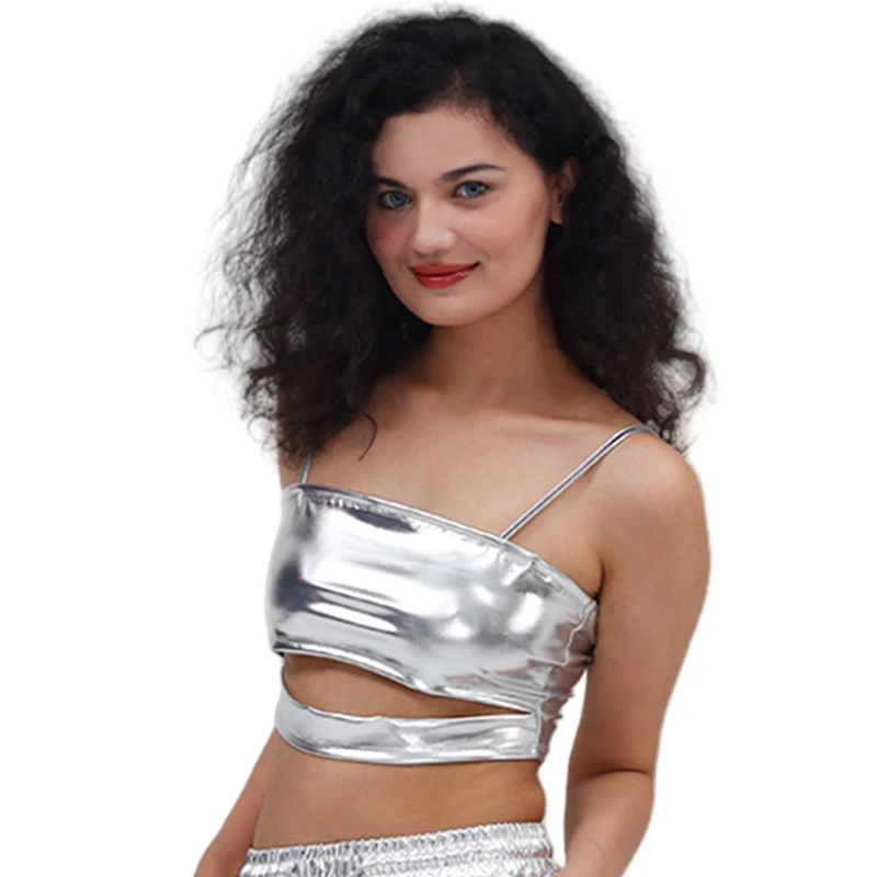 Женский укороченный топ с эффектом металлик, блестящий топ на бретелях в стиле хип-хоп, костюм для уличных танцев, сценический костюм, черлидинг, на тонких бретельках