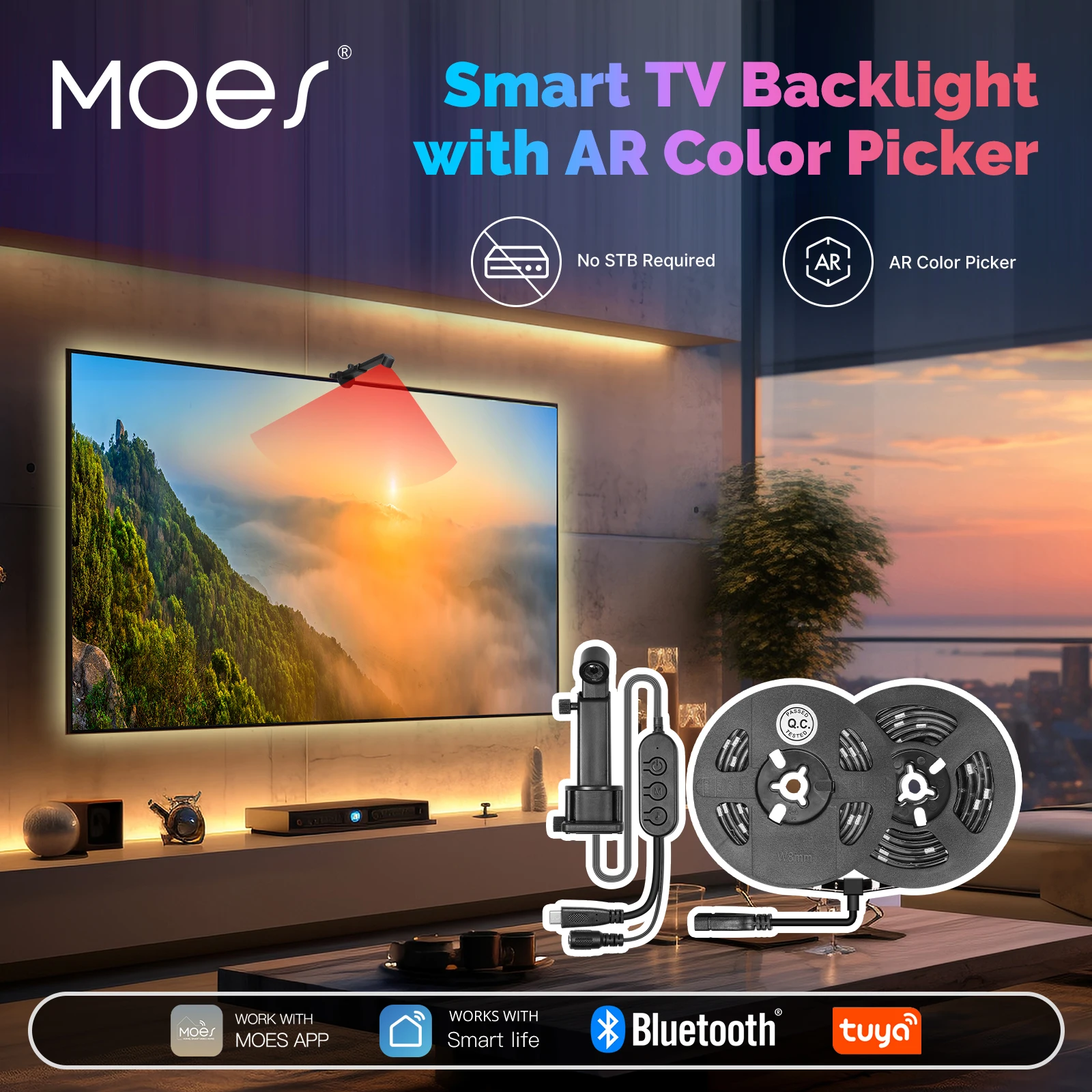 

MOES Tuya Bluetooth TV LED Backlight Strip With AR Color Picker Camera No Set Top Box Required Music Sync IP64 Waterproof