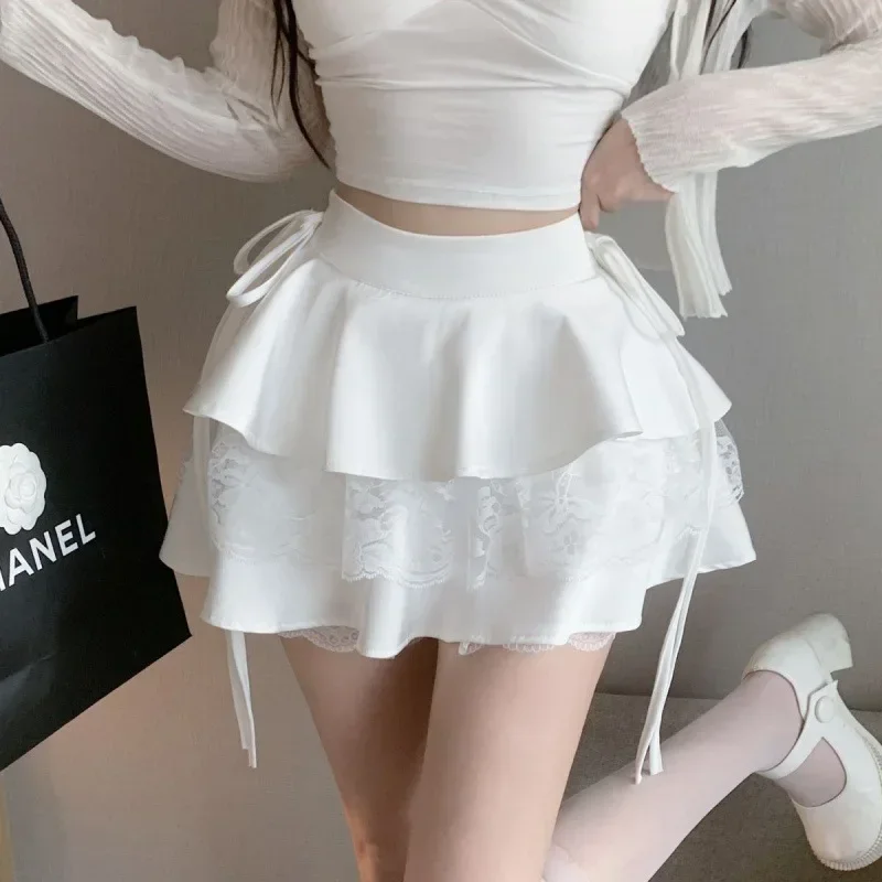 Kawaii White Ruffle Mini Skirt Women Korean Fashion Cute Short Skirt Lady Summer Bandage Lace Double-layer High Waist Sexy Skirt