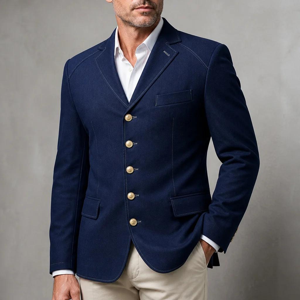 Men Slim Fit Navy Denim Blazer Notched Lapel Gold Button Stitched Detail Jacket Business Casual Daily Fashion Outerwear