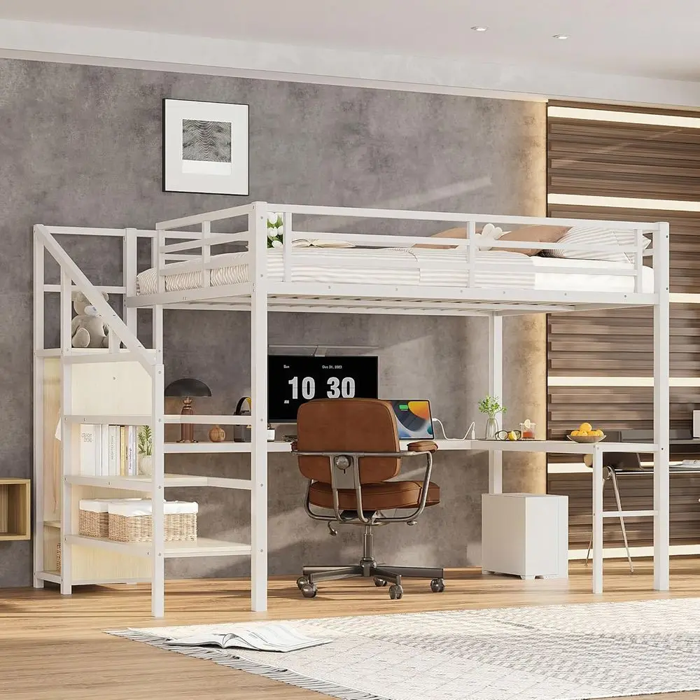 

Queen-Sized Loft Bed with Desk, Stairs, Storage Shelves, Wardrobe, LED Lights, and USB Ports for Kids, Teens, Adults in White an