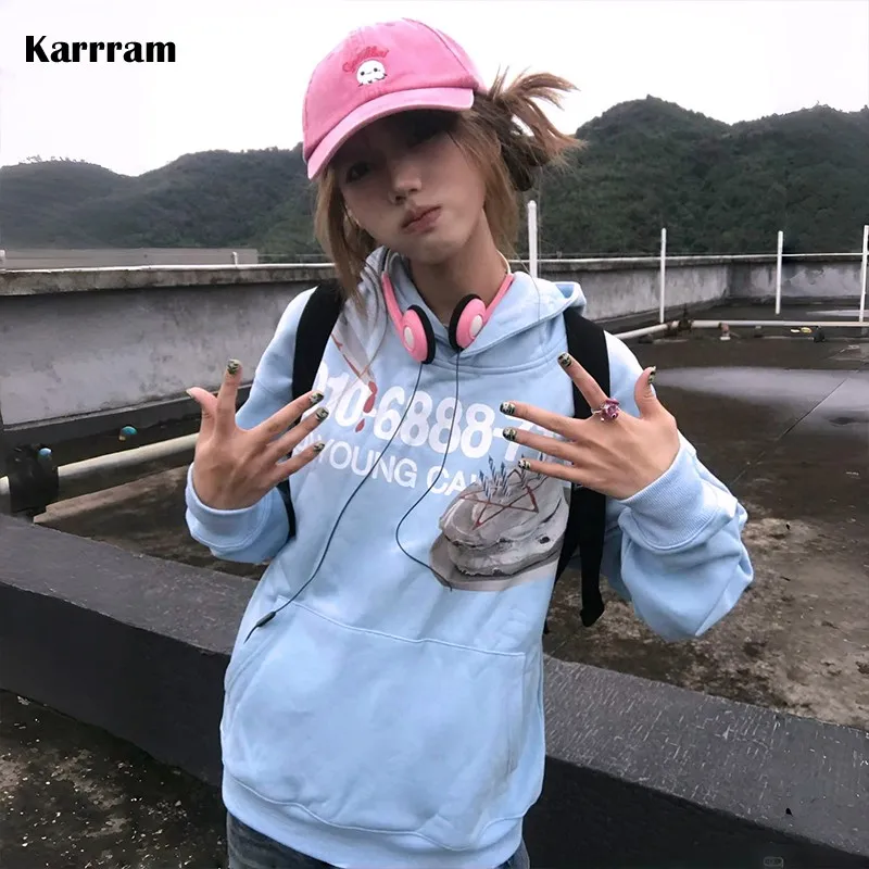 Karrram Japanese Y2k Blue Hoodies Vintage 2000s Style Sweatshirts Harajuku Aesthetics Letter Print Hooded Tops American Retro