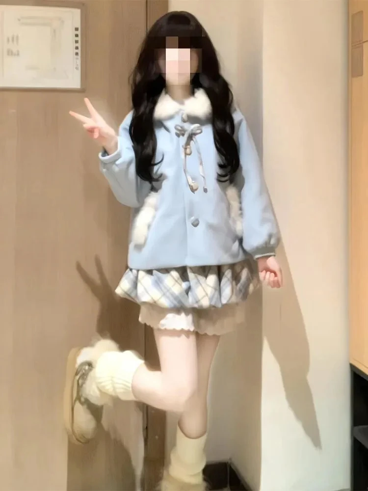 

Синее милое шерстяное пальто в клетку для женщин, модное зимнее теплое пальто из полиэфирного волокна, повседневное, без бренда, зарегистрированная торговая марка