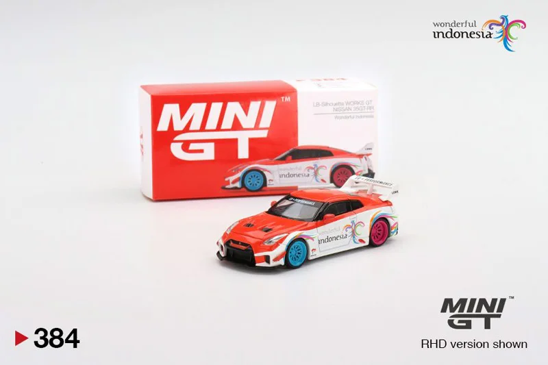 

MINI GT 1:64 #384 Nissan GT-R LBWK 35GT-RR wonderful indonesia exclusive Diecast Model Race Car Kids Toys Gift