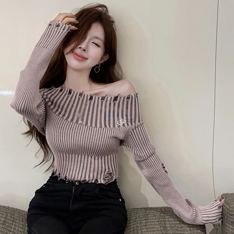 Women\'s Sweater Solid Colour Spring Autumn Off Shoulder Hole fashion Slim Sexy Expose Navel Knitted Long Sleeves Pullover