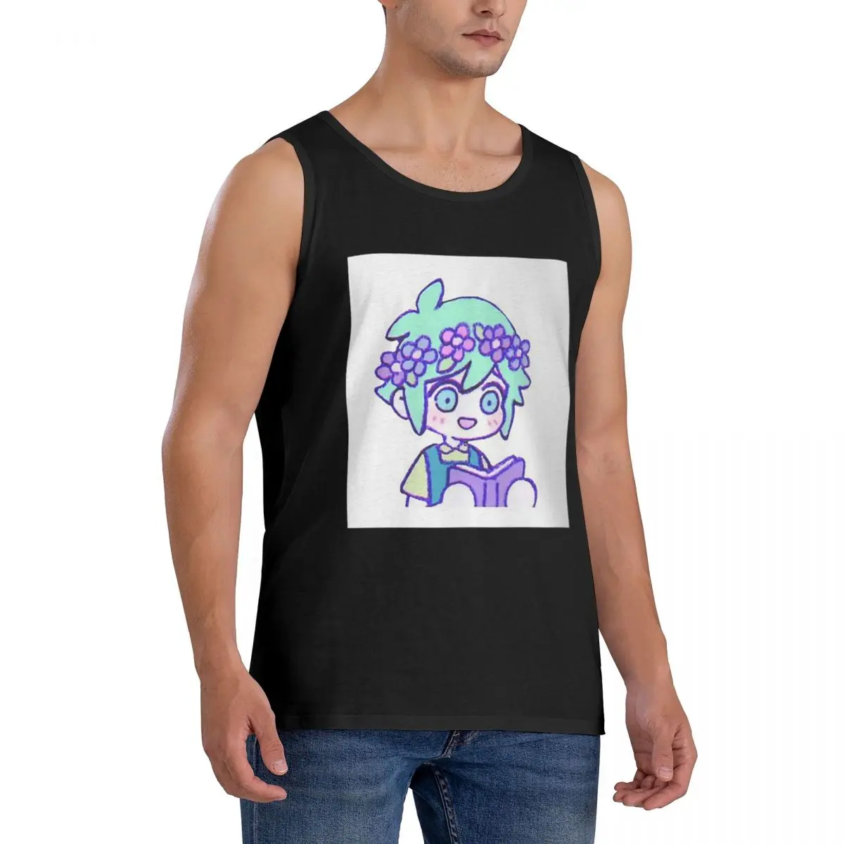 100% Cotton Cute Basil Omori Emote Sleeveless T-Shirt Men Workout Sports Clothing Tops Men's Crew Neck Vest
