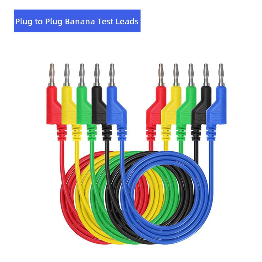 P1036 5PCS 1M Stackable Dual 4mm Banana Plug to Banana Plug Multimeter Test Leads Cable Kit 1000V/19A 5 Colors Alligator Clip