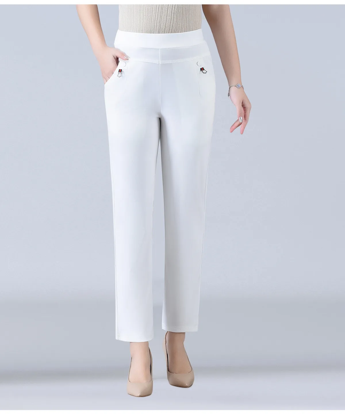 Candy Color Korean Stretch Pants Slim High Waist Straight Pants Women Trouser Patchwork Pocket Casual Thin Classic Pantalones