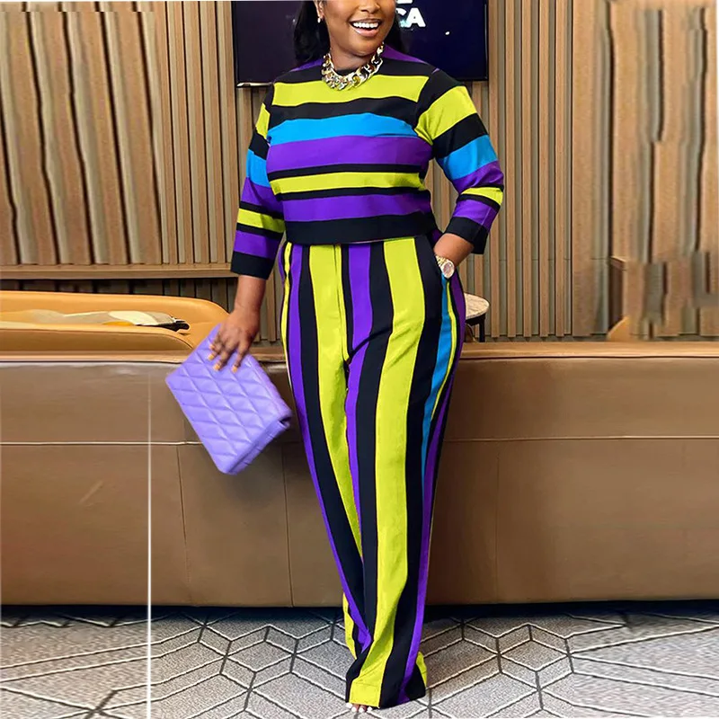 Plus Size Striped Two Piece Pant Set Female Crop Top Shirt Casual Sweatshirt Outfit 2023 Autumn Women Large Size Matching Sets