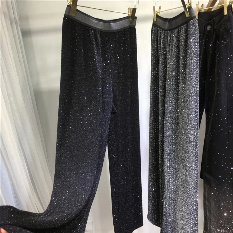 Hot Drilling Wide-Leg Pants Women Spring Summer Vertical Smooth Ice Silk Full Diamond Elastic Waist Straight Loose-Fitting Pants