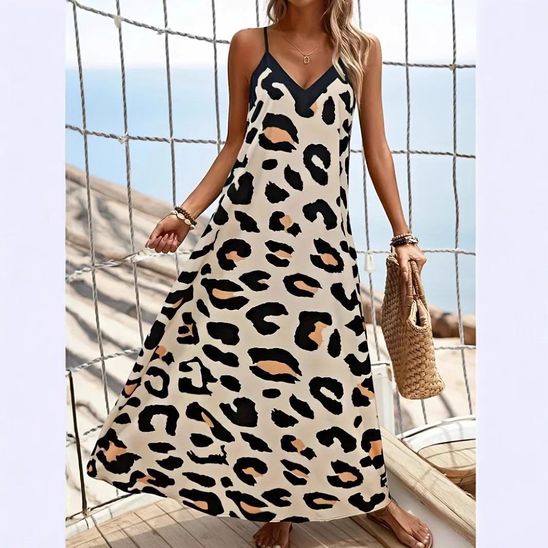Women Leopard Print Vacation Beach Maxi Dress Casual Loose V Neck Sleeveless Khaki Streetwear Boho Long Dresses  Ropa De Mujer