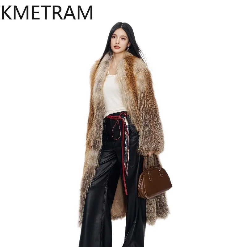 KMETRAM 100% Real Fox Fur Coat Woman V-Neck Loose Coats Long Knitted Fur Jacket High Quality Winter Women Clothes 112cm 2026 퍼자켓