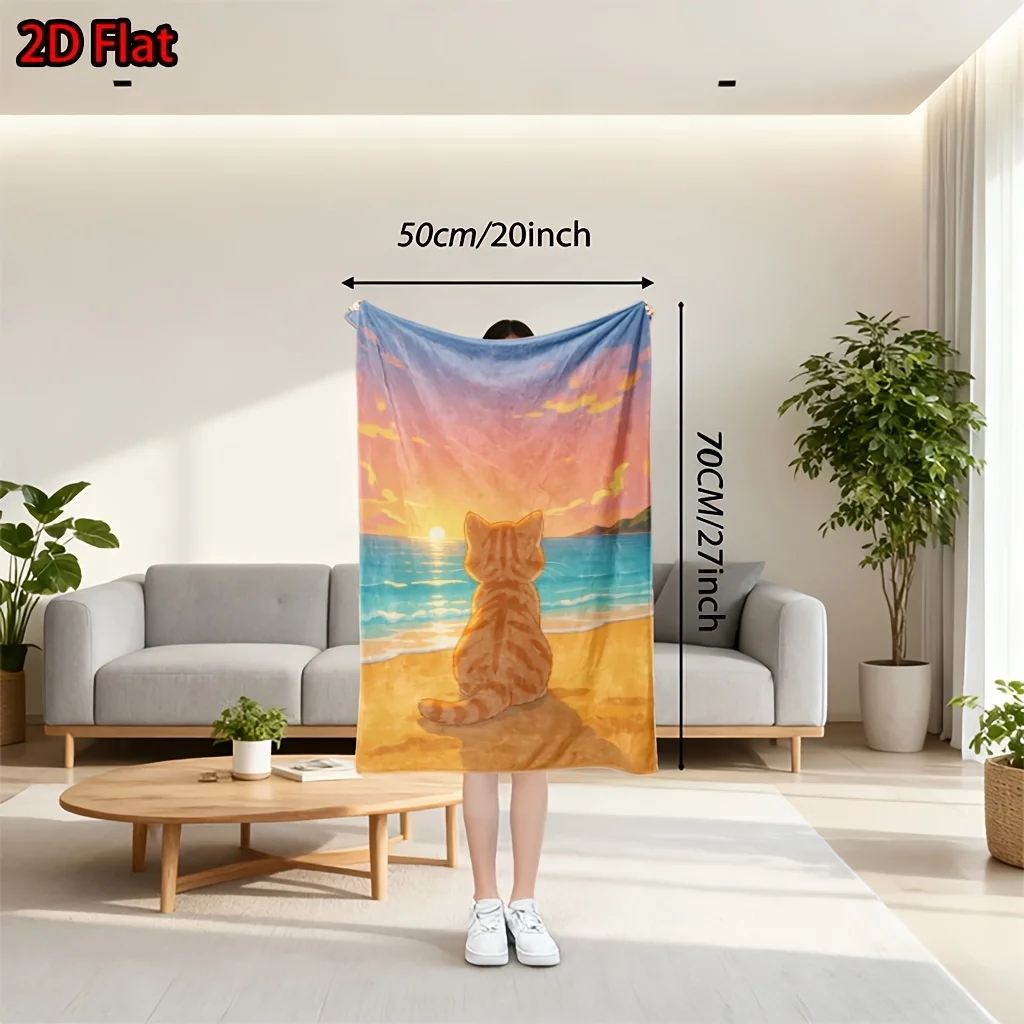 Vibrant Cat Sunset Beach Throw Blanket Decorative Ocean View Cartoon Kitten Cozy Home Decor Plush Comforter Gift