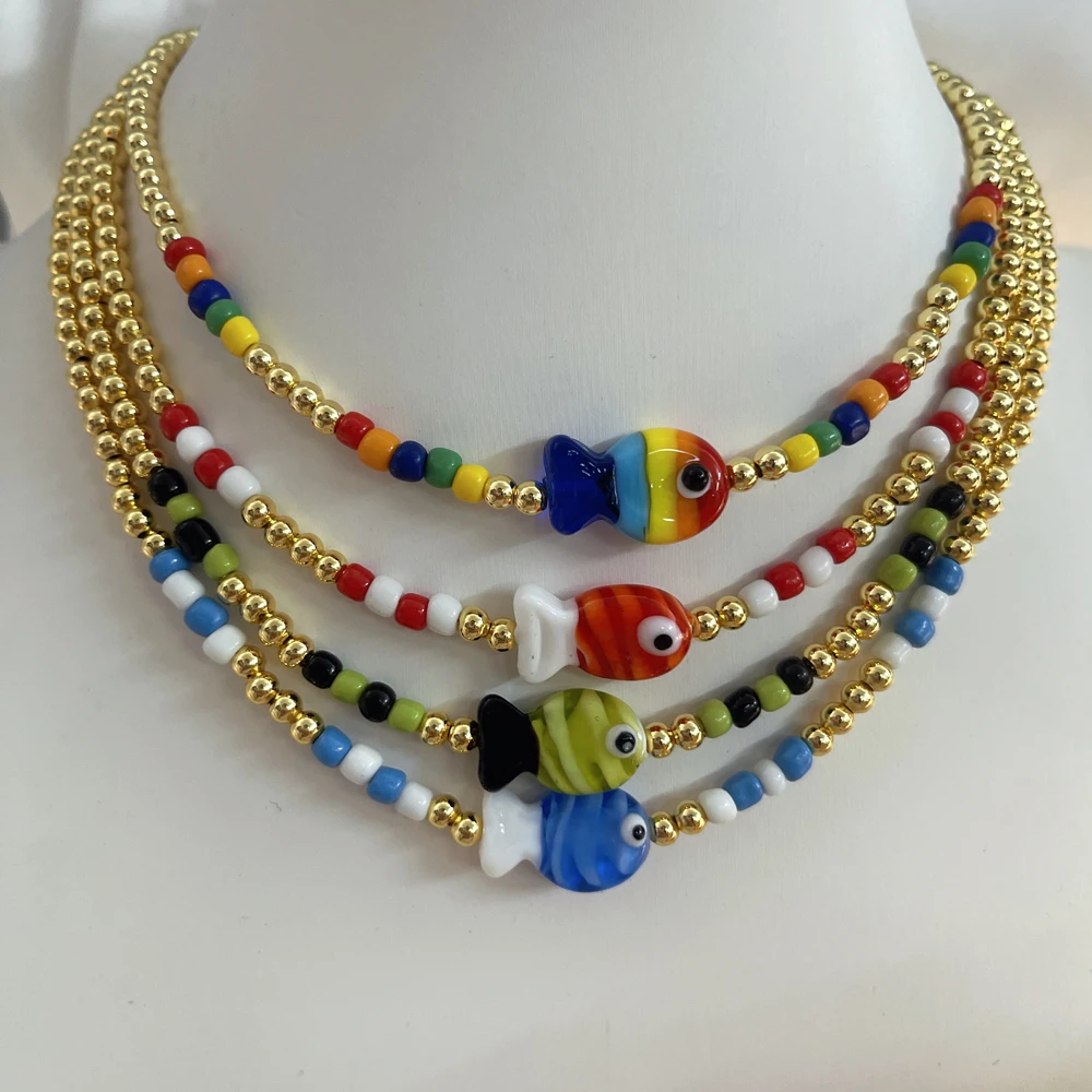 5 pcs/lot Ocean Blue Rainbow Fish Beaded Necklace Handmade Summer Beach Jewelry for Women