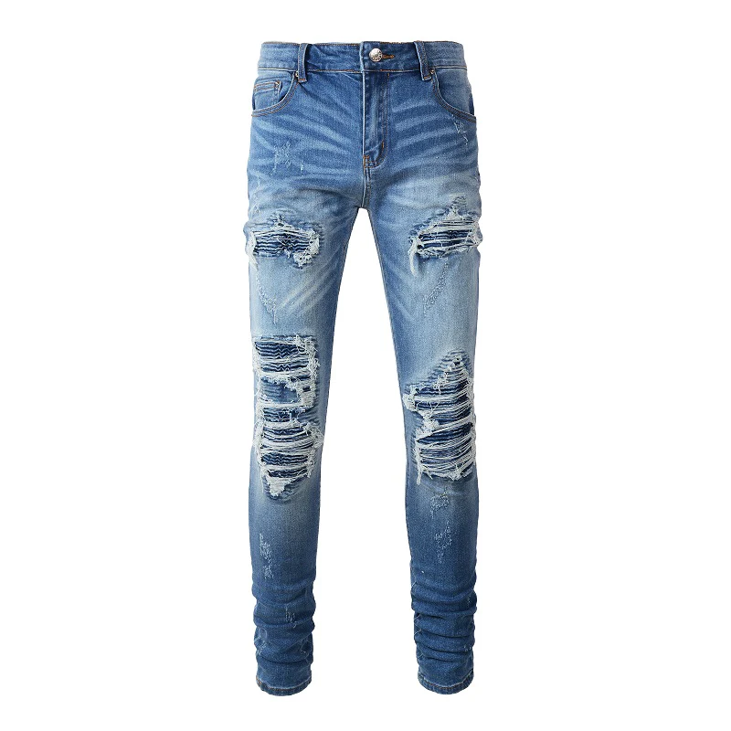 

Mens Streetwear Ripped Splicing Tide Beggar Blue Jeans Stacked New Rock Big Boy Denim Holes Slim Fit Skinny Pencil Men Pants