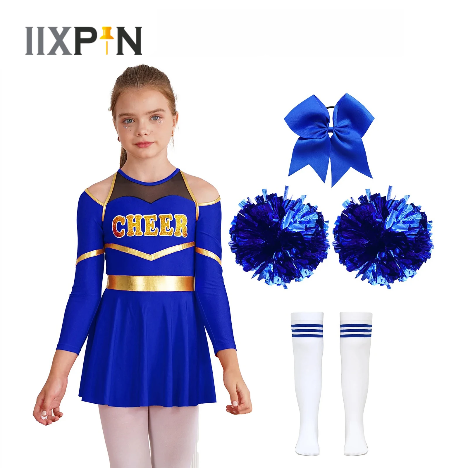 

Hot Cheerleading Dance Costume Kids Girls Schoolgirls Letter Print Long Sleeve Leotard Dress+Headwear+Hand Flowers+Striped Socks