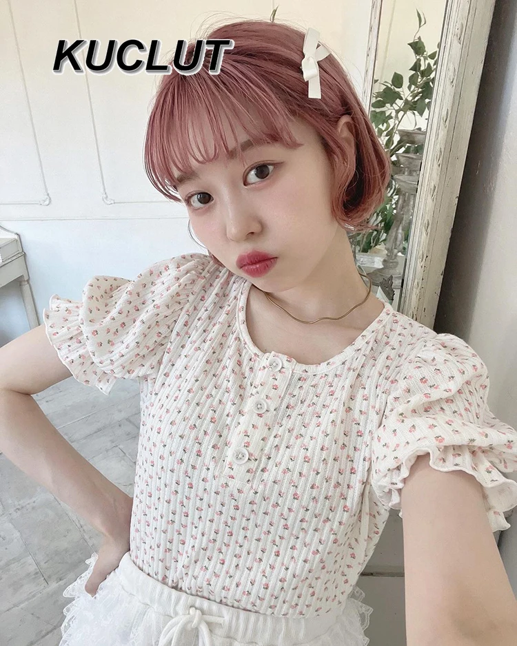 

Женские топы в японском стиле, милая футболка с круглым вырезом и цветочным принтом, повседневная футболка, модная милая женская футболка с коротким рукавом, летняя