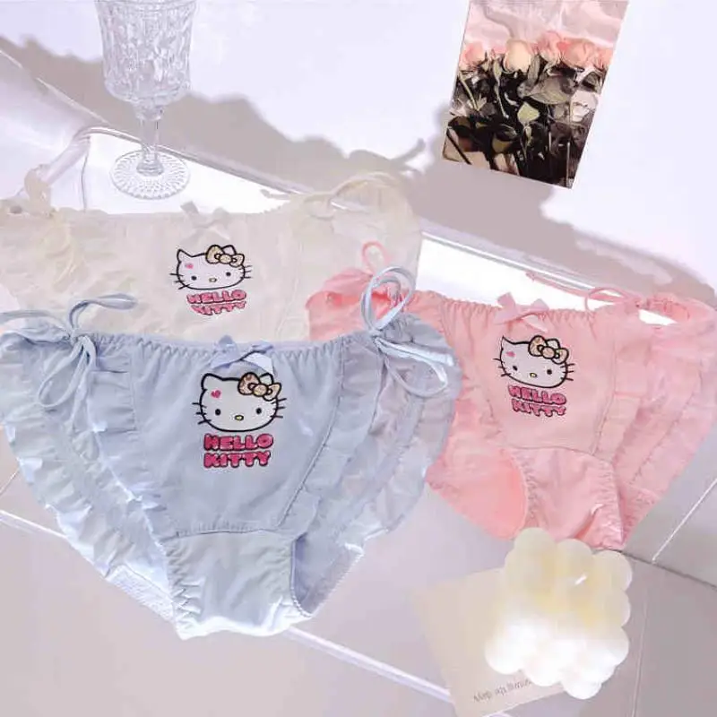 2Pcs Miniso Kit Girl Cotton Sexy Triangle Pants Kawaii Hello Kitty Comic Lift Buttocks Antibacterial Fashion T-Back Underpants