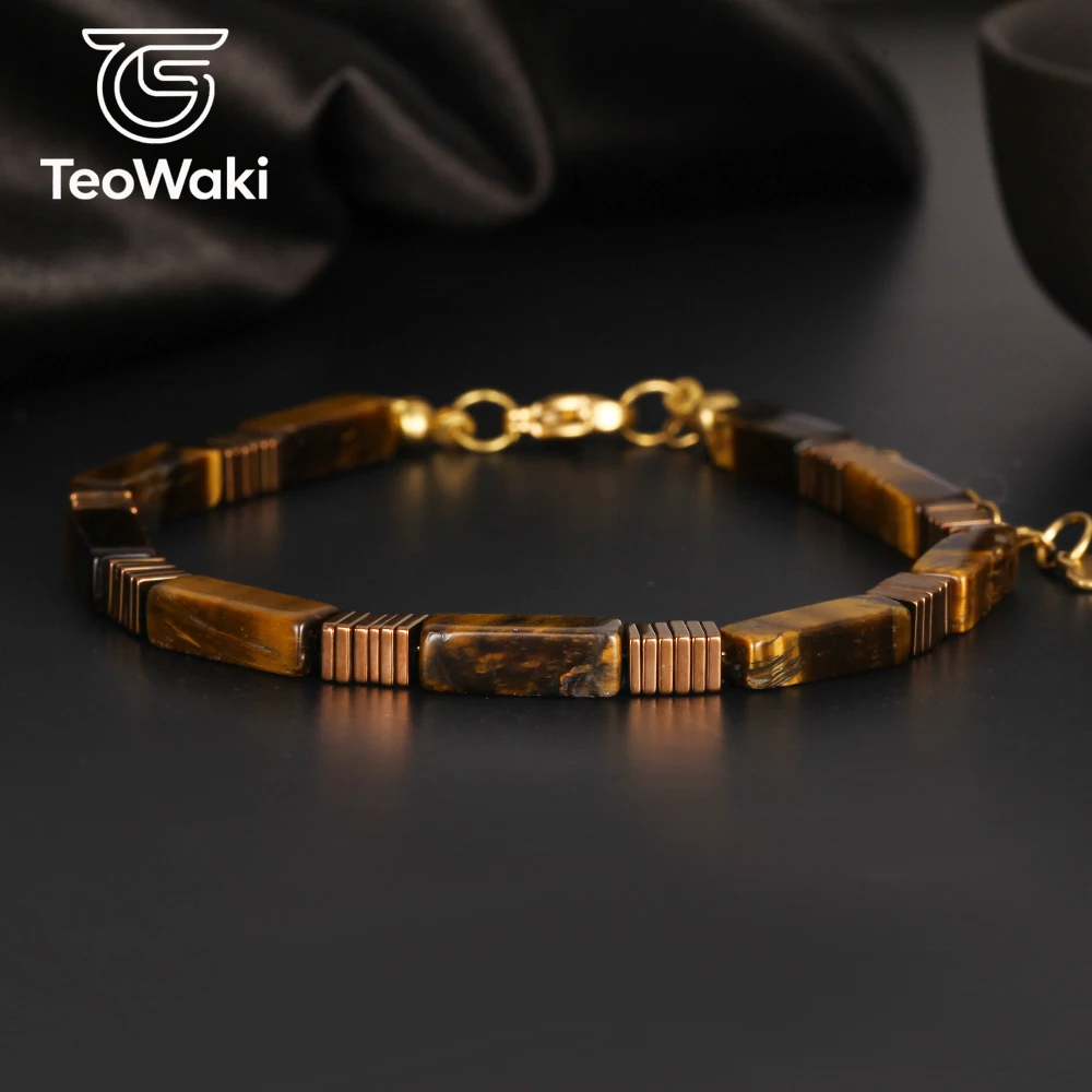 TeoWaki Natural Square Yellow Tiger Eye Bracelet Adjustable Length Hematite Square Flake Spacers Holiday Gift For Family 17+5cm