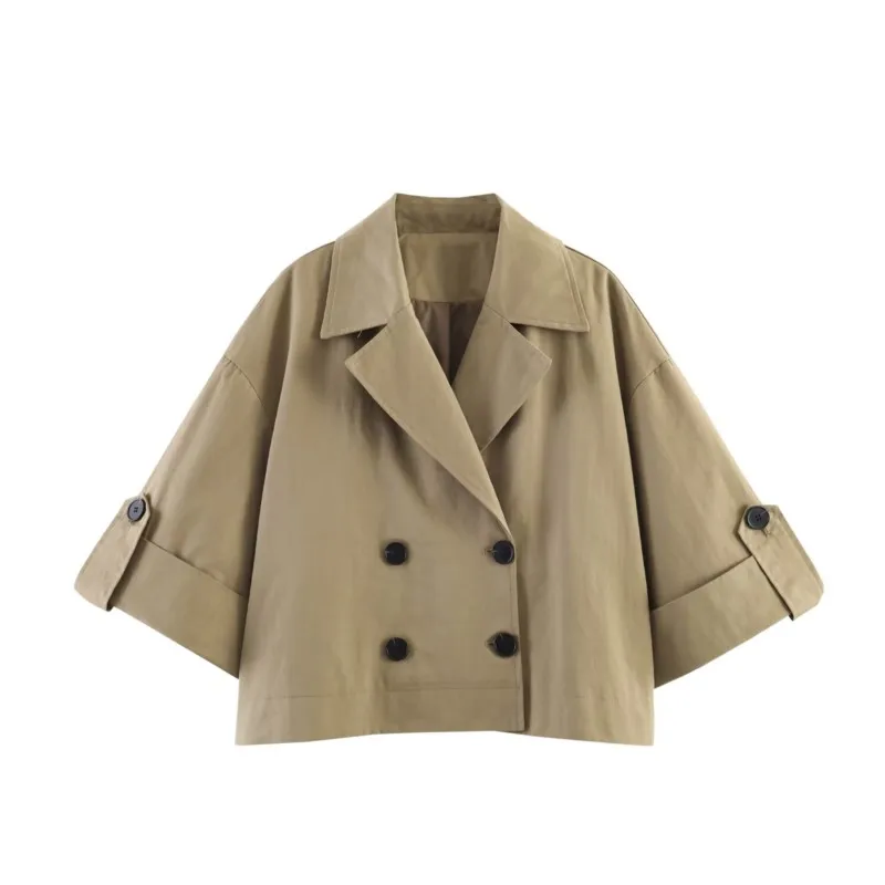 Women's loose‑fitting Short Trench Coat Autumn Women Rolled-Up Sleeves Button Solid Color Elastic Waist Outerwear Female Tops