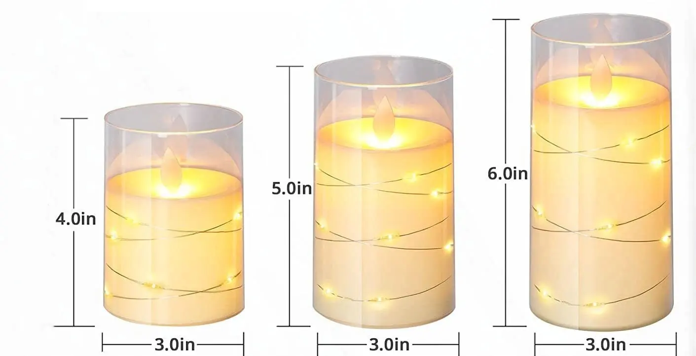 3pcs Led pillar Candle Unbreakable PlexiGlass Battery operated Moving wick Candles w/Remote&timer embedded with led string light