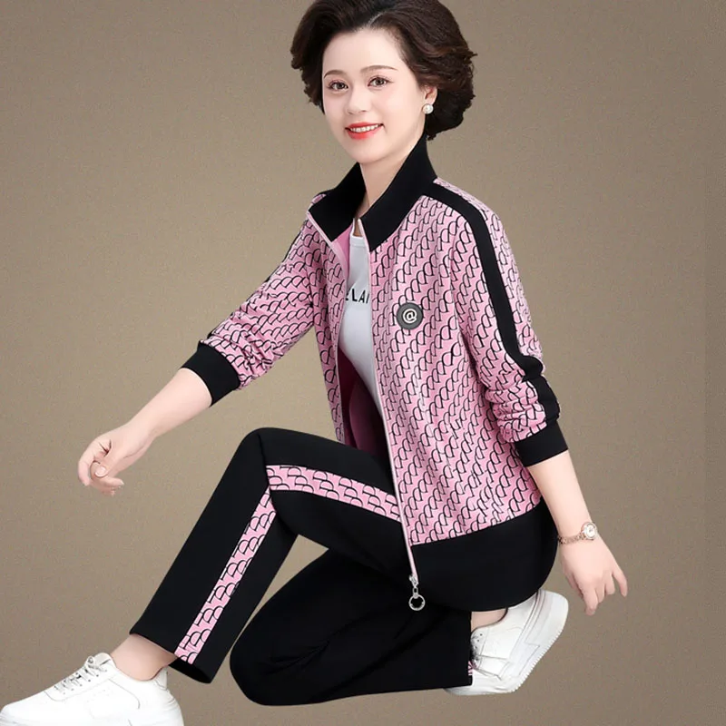 

Спортивный костюм для женщин среднего возраста: хлопковая толстовка на молнии и брюки из смесового хлопка, модный дизайн