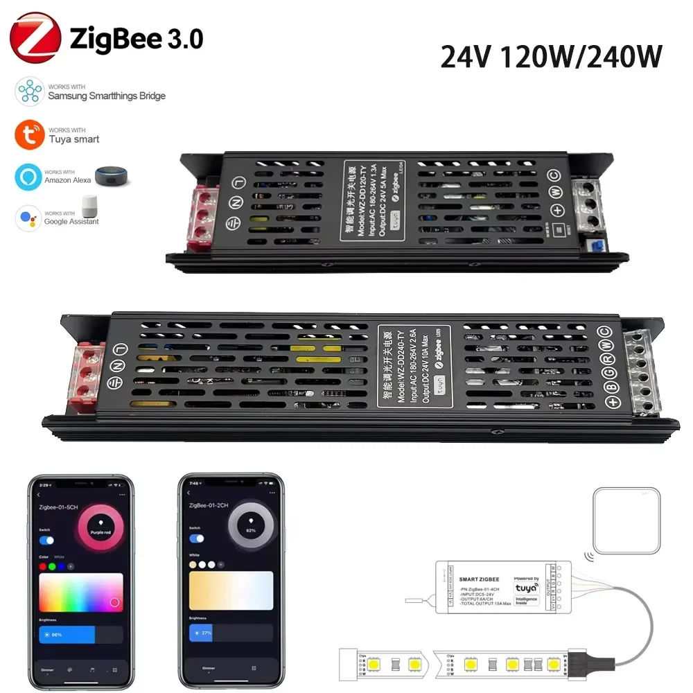 Tuya Zigbee ściemnialny sterownik Led DC24V 120/240W CCT/RGBCCT transformator światła LED ściemniacz 2w1 sterowanie głosem/APP dla Alexa Google