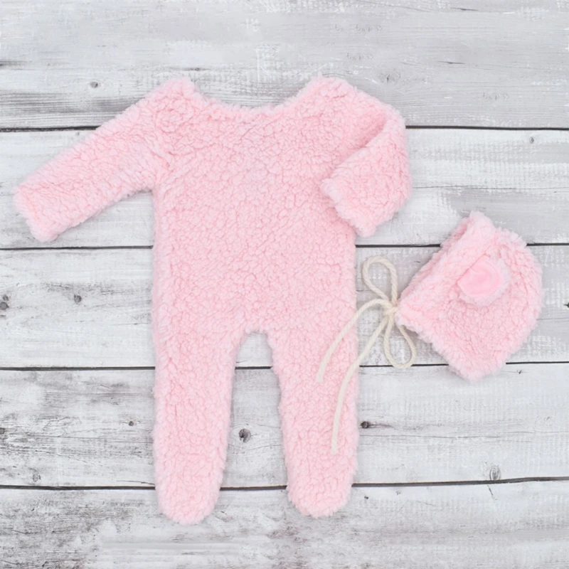 Baby Photo Shooting Props Berber Fleece Bear Ear Hat & Jumpsuit Set Newborn Photo Props Infant Photography Outfit 2PCS