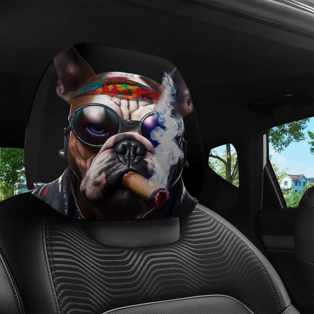 Cigar Dog Theme Print Car Headrest Cover, Removable & Washable, Personalized Car Interior Decoration