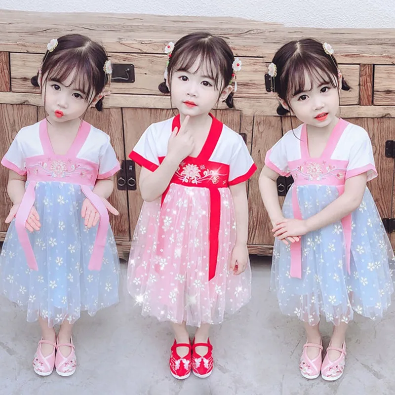 Baby Girl Hanfu Dress Girls Summer Clothes Little Girl Antique Dress Kids Chinese Style Clothes Short-Sleeved Princess Dresses