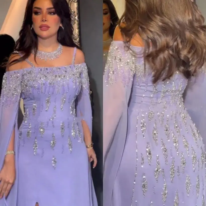 Arabic lilac Mermaid Prom Dresses Cap Sleeves High Split Beaded Luxury Evening Dresses Gowns Women Wedding Party Dress