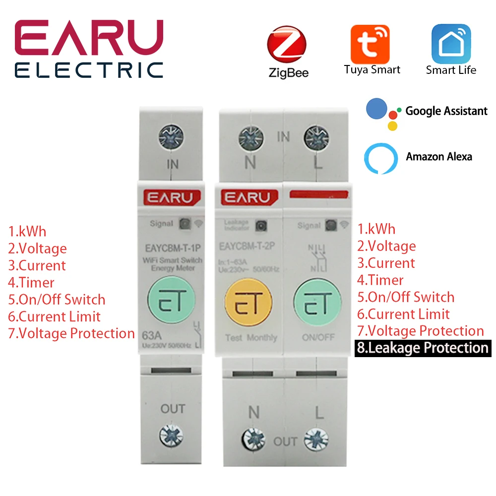 1P 2P TUYA APP Zigbee WIFI Smart Energy Power Consumption kWh Meter Circuit Breaker Time Relay Switch Leakage Voltage Protection