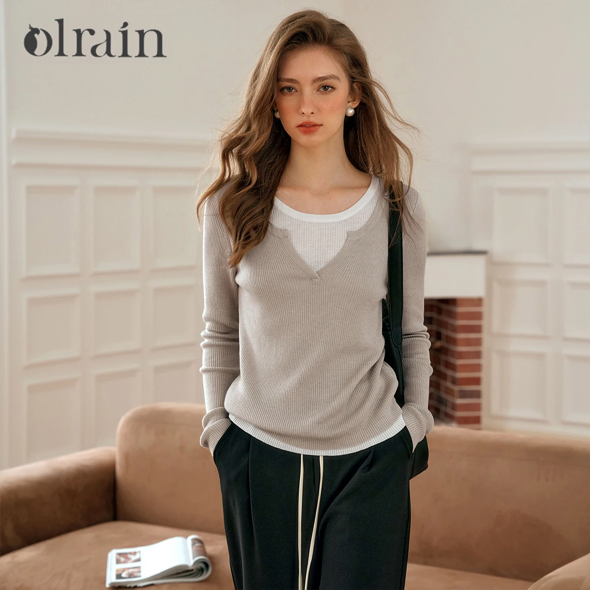 OLrain French Fake Two-piece T-Shirts Women's Autumn 2026 New Knitted Pullover Splicing Commute Long Sleeve Tops O57QZ92360