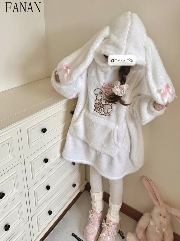 

Cute Bunny Ear Plush Short Loose Dresses Casual Sweatshirt Dress Can Be Used As Pajamas for Women Autumn Winter 2025 New