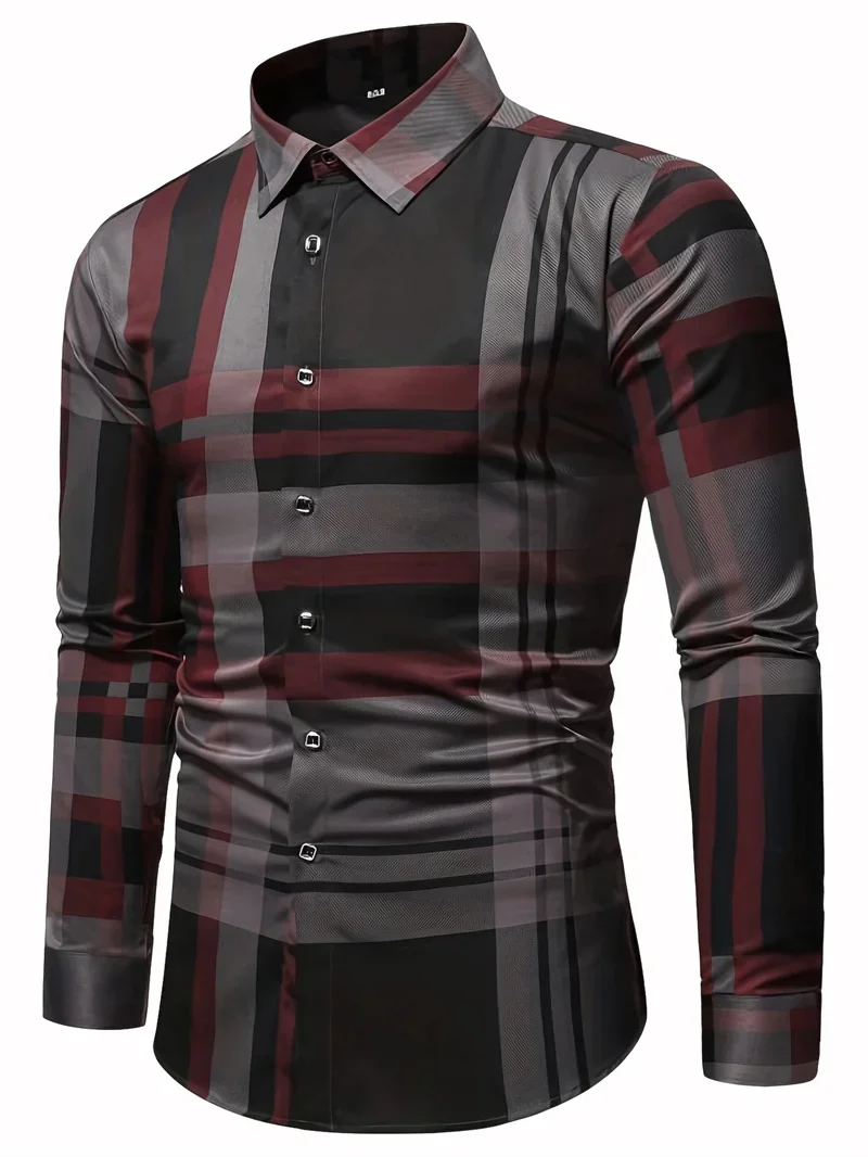 Men's Plaid Striped 3D Printed Long-sleeved Lapel Formal Shirt Simple Business Casual Office Party High-end Clothing Men's Top