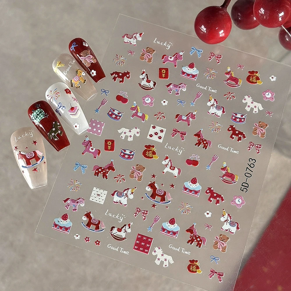 

1 Sheet Cartoon Horse Bear Pattern Nail Art Stickers 5D Embossed Bow Strawberry Cake Nails Decals Colorful Flower Manicure Decor