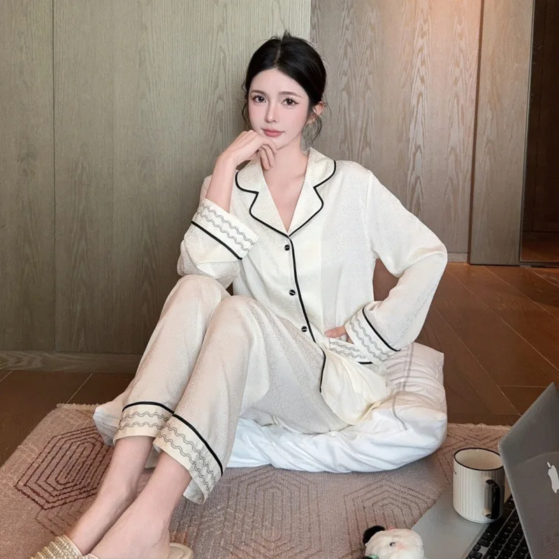 2024 Autumn Luxury New Ins Style Pajamas Two Piece Ice Silk Long Sleeves Pants Tiktok Jacquard Double Pocket Nightgown Home Set