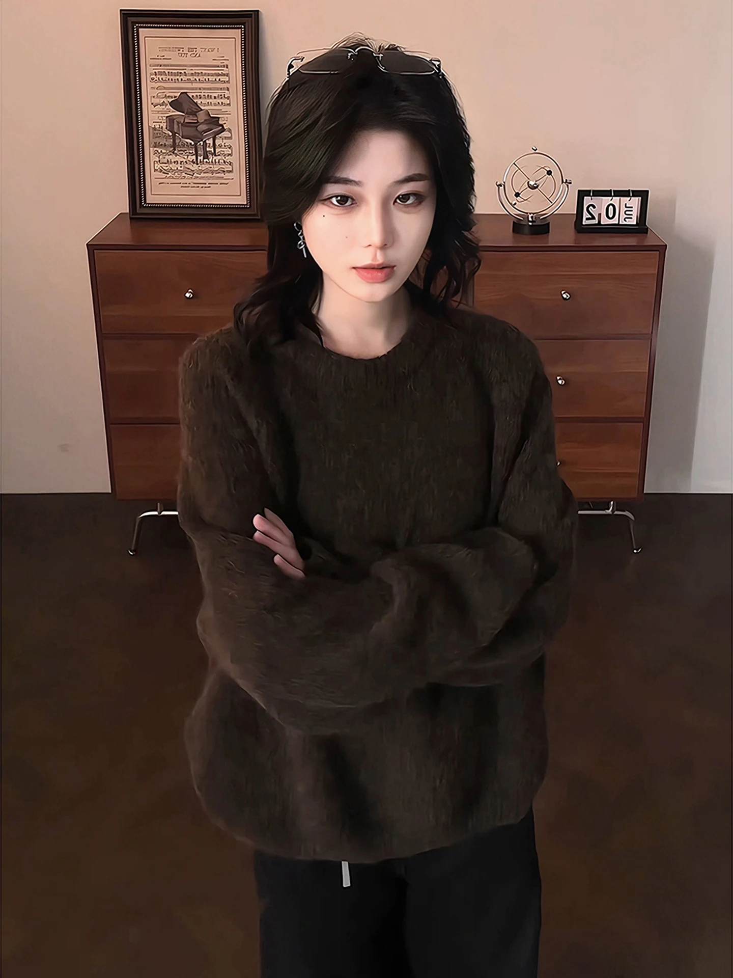 

Neutral Brown Woolen Knitted Sweater Men Women Autumn Winter Loose Fit Soft round Ne Comfortable Warm Thiened Color