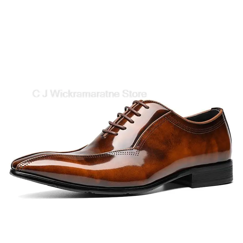 Pointed Toe Mens Oxford Shoe Wingtip Genuine Leather Luxury Brand Lace Up Business Office Brogue Dress Shoes For Men Black Brown