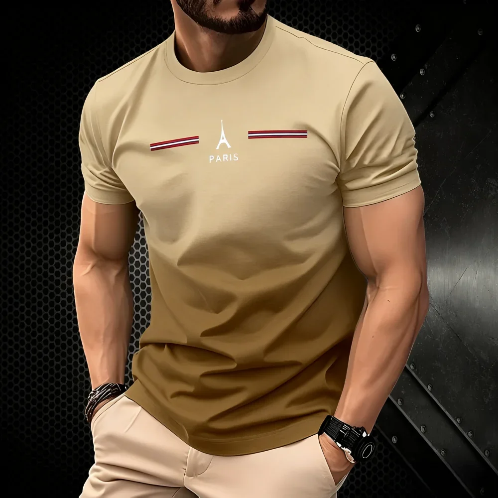 Summer Men's Clothing 3D Gradient Simple Paris Printed Men's T-Shirt Daily Fashion Oversized  Sports Round Neck Short Sleeve Top image 3
